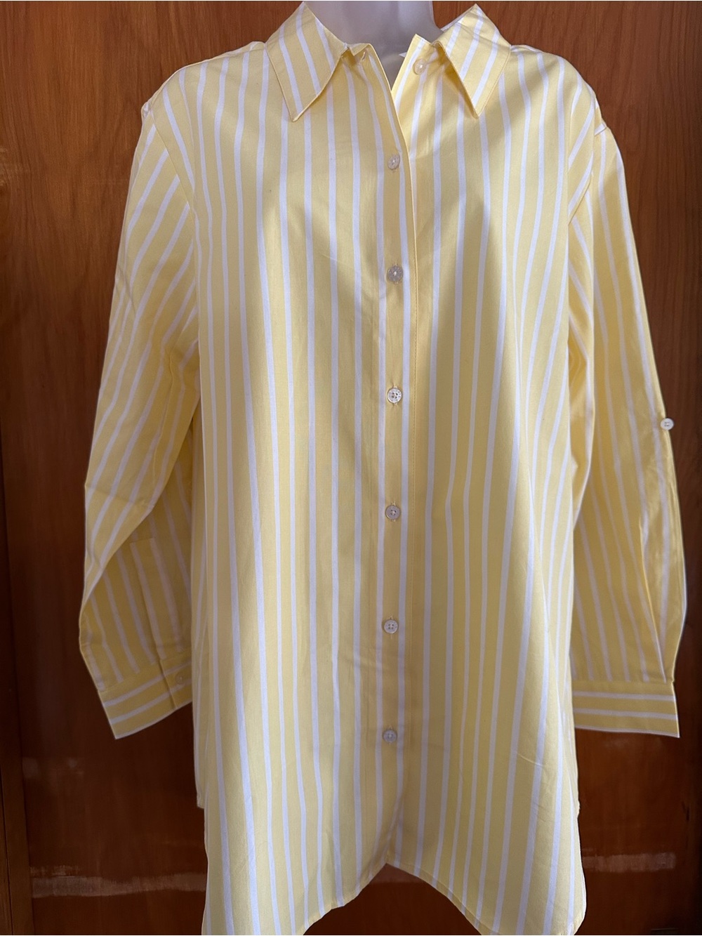 Denim & Co Yellow White Stripe Tunic Shirt M NWT 100% Cotton Roll Tab